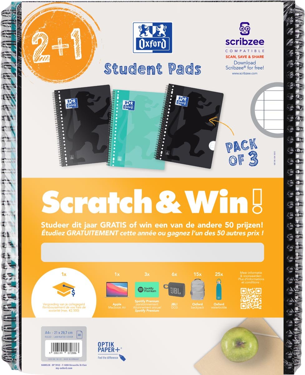 Oxford Collegeblok School A4+ lijn 23-gaats 160 pagina's 80gr scratch&win assorti voordeelpak