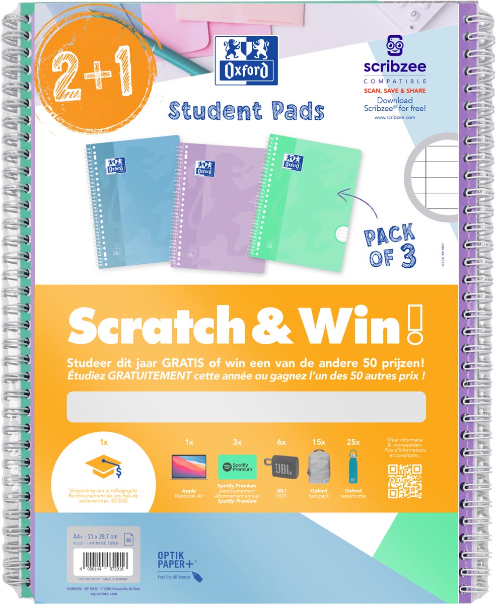 Oxford Collegeblok School A4+ lijn 23-gaats 160 pagina's 80gr pastel scratch&win assorti voordeelpak