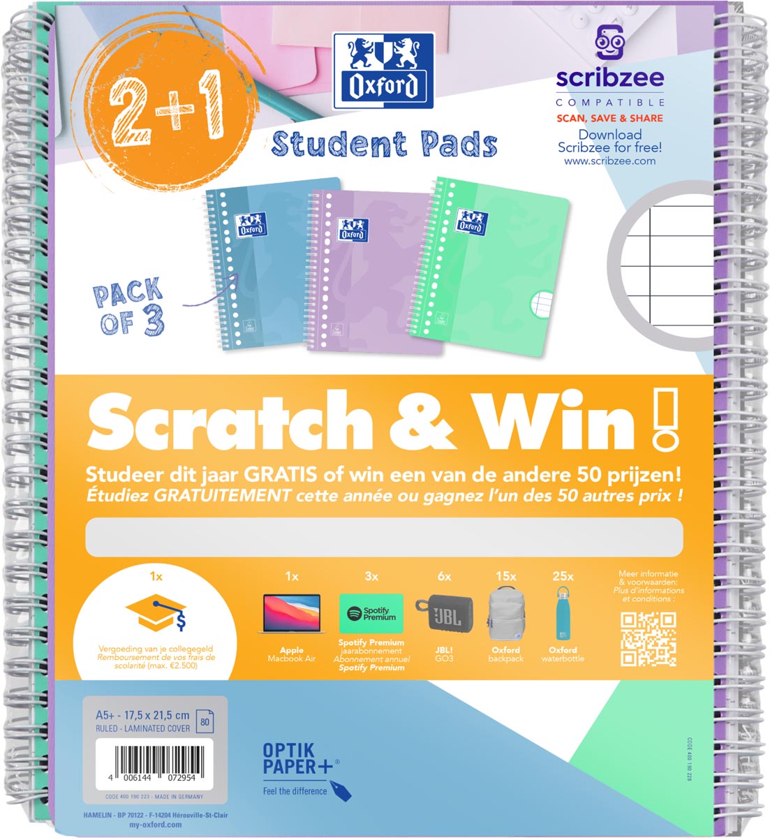 Oxford School collegeblok ft A5+ gelijnd 17-gaats 80 vel pastel assorti 2+1 gratis Scratch & Win