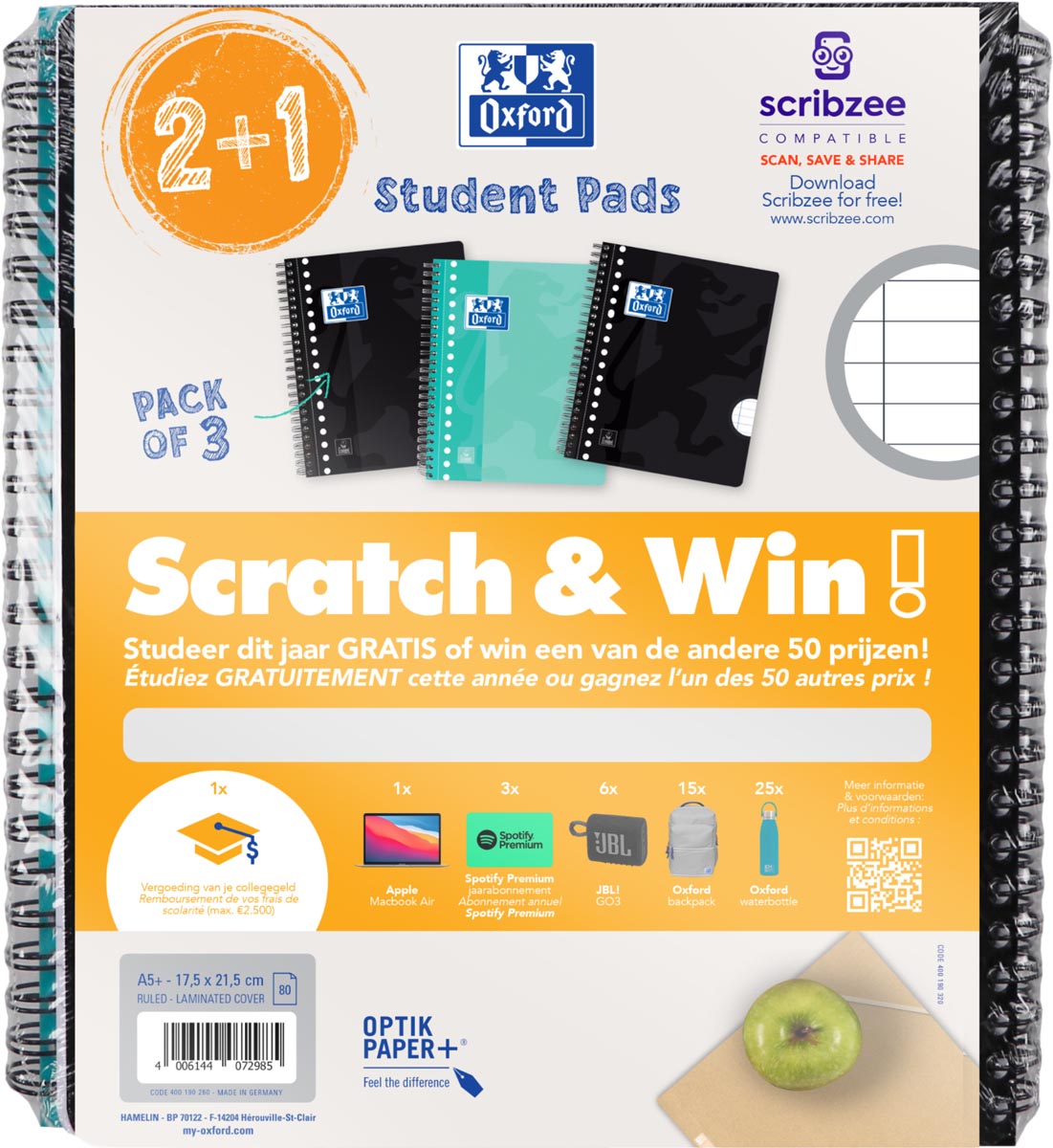 Oxford School collegeblok ft A5+ gelijnd 17-gaats 80 vel assorti 2+1 gratis Scratch & Win