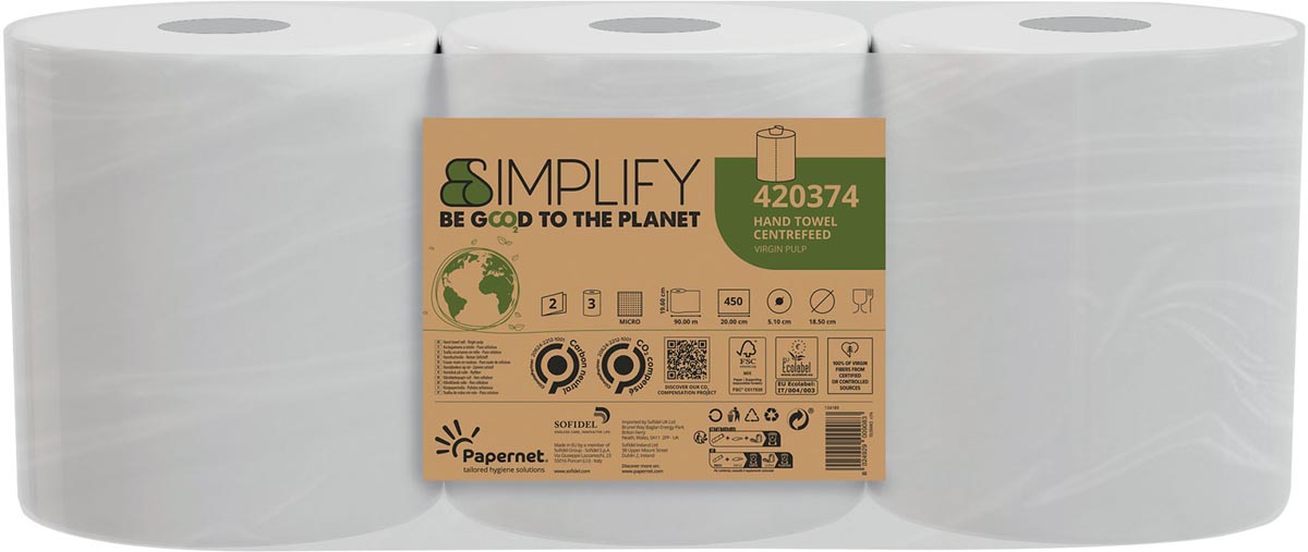 Papernet papieren handdoeken Simplify Centerfeed, 2-laags, 90 m, 450 vel, pak van 3 rollen afbeelding