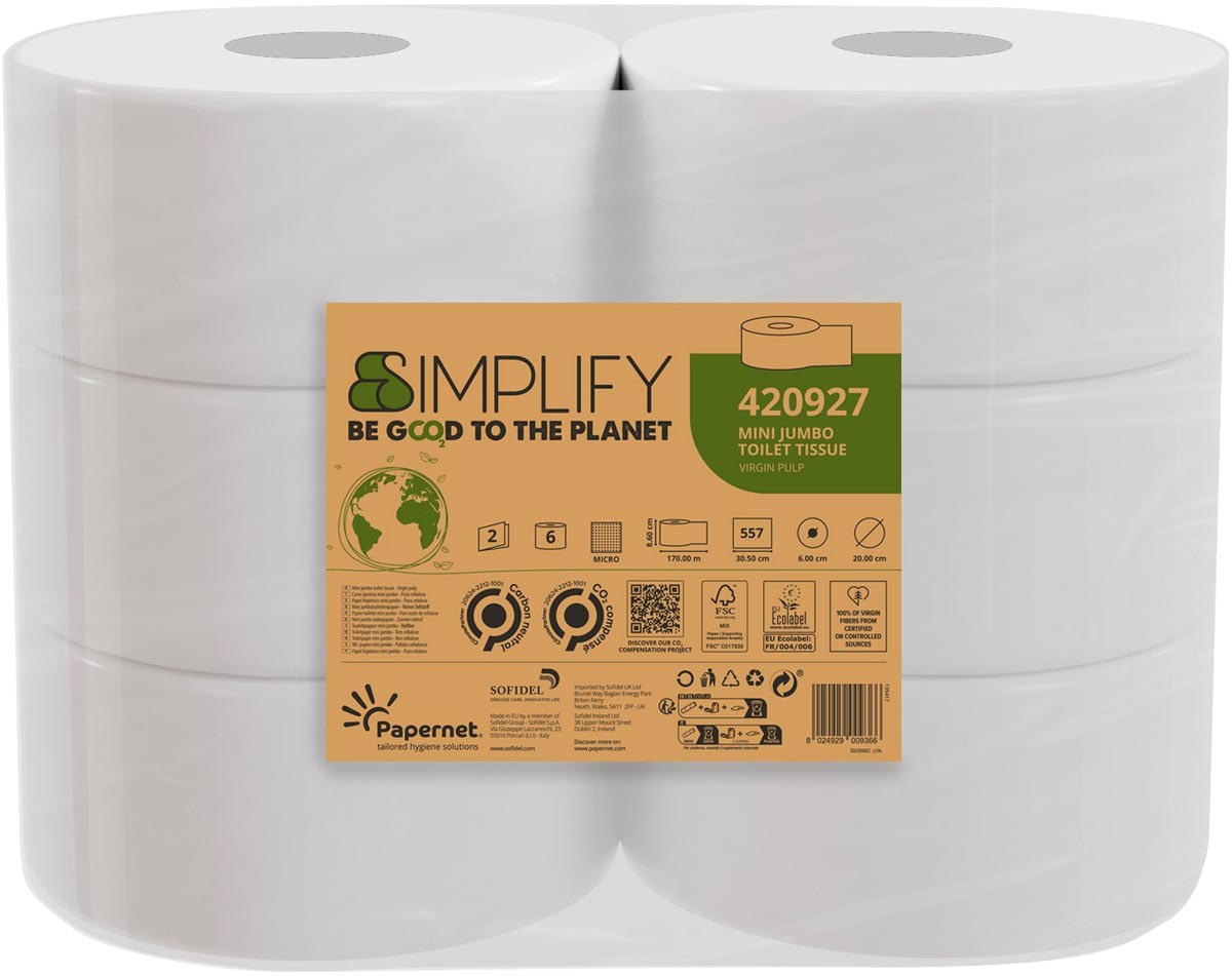 Papernet toiletpapier Simplify Mini Jumbo, 2-laags, 557 vellen, pak van 6 rollen afbeelding