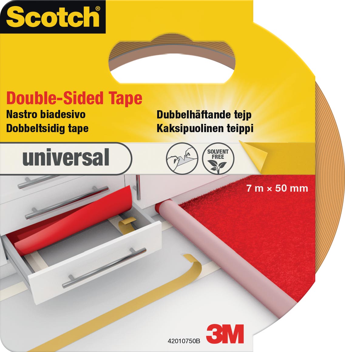 Scotch dubbelzijdige plakband voor tapijt en vinyl Universal, ft 50 mm x 7 m, blisterverpakking afbeelding