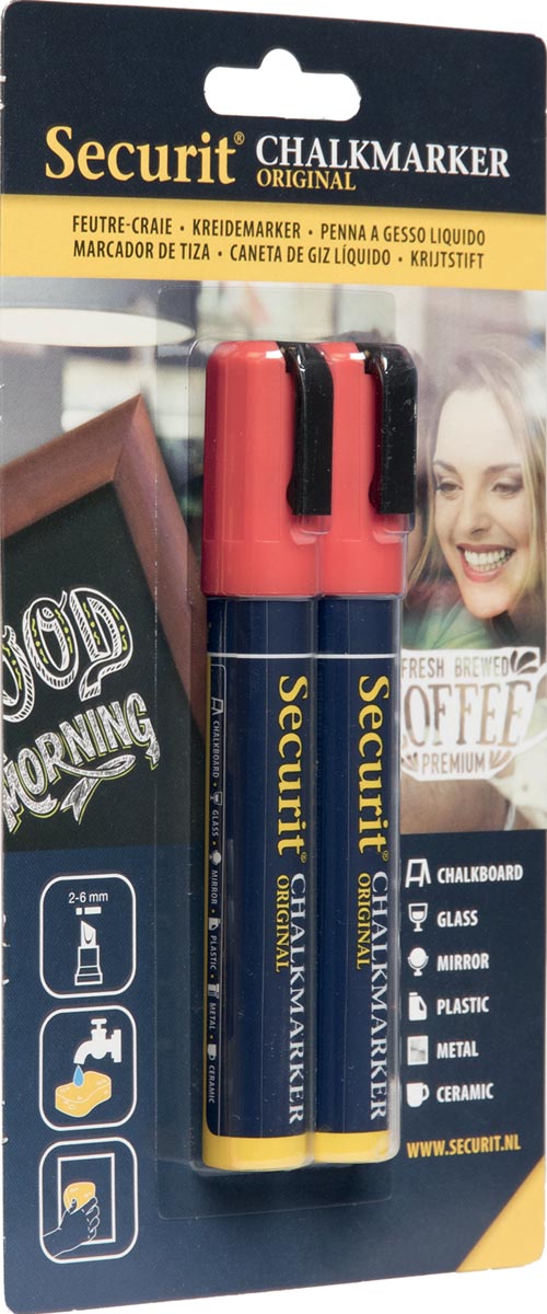 Securit krijtmarker medium, blister met 2 stuks, rood