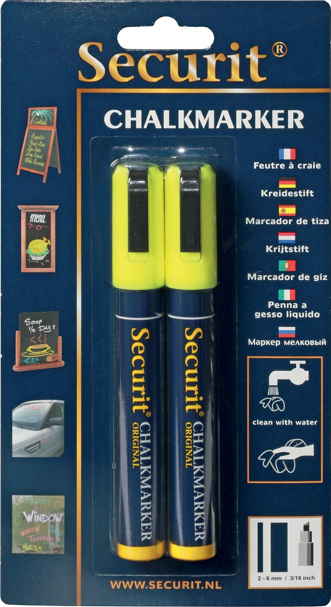 Securit krijtmarker medium, blister met 2 stuks, geel