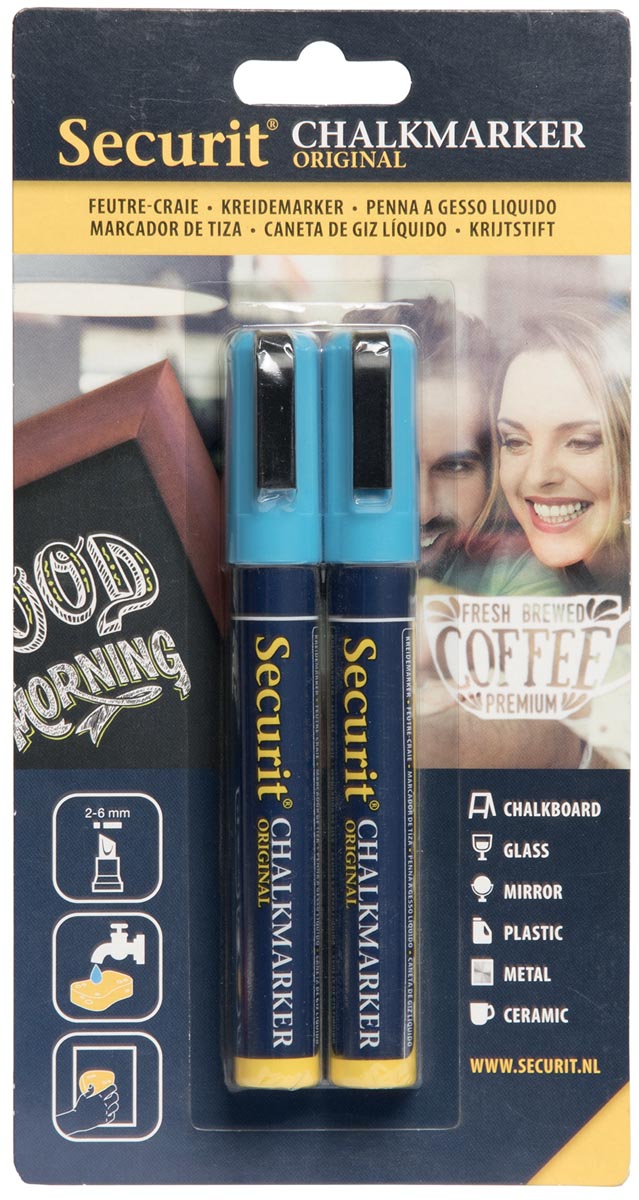 Securit krijtmarker medium, blister met 2 stuks, blauw