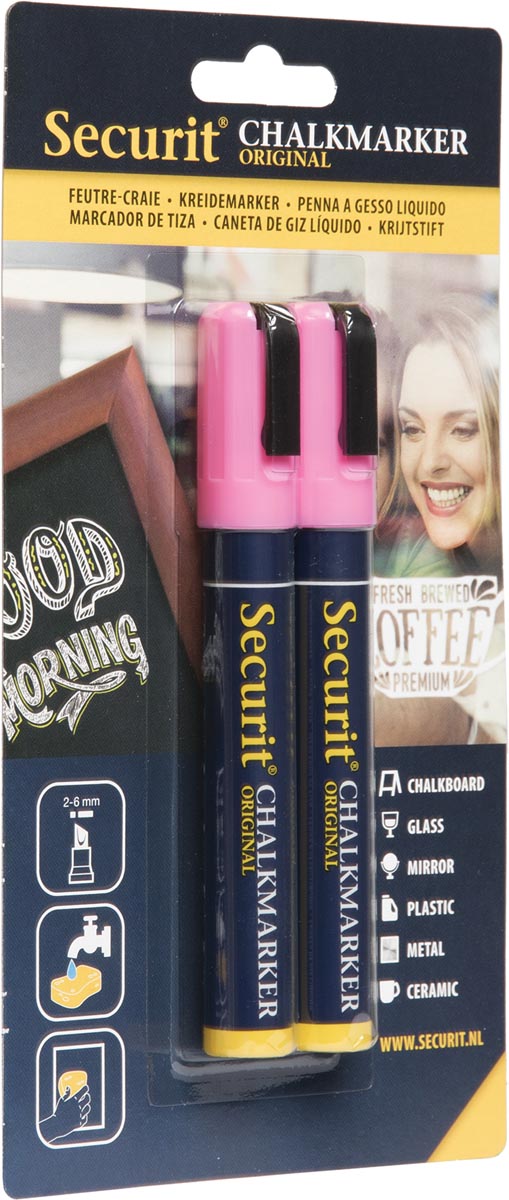 Securit krijtmarker medium, blister van 2 stuks, roze Securit krijtmarker medium, blister van 2 stuks, roze