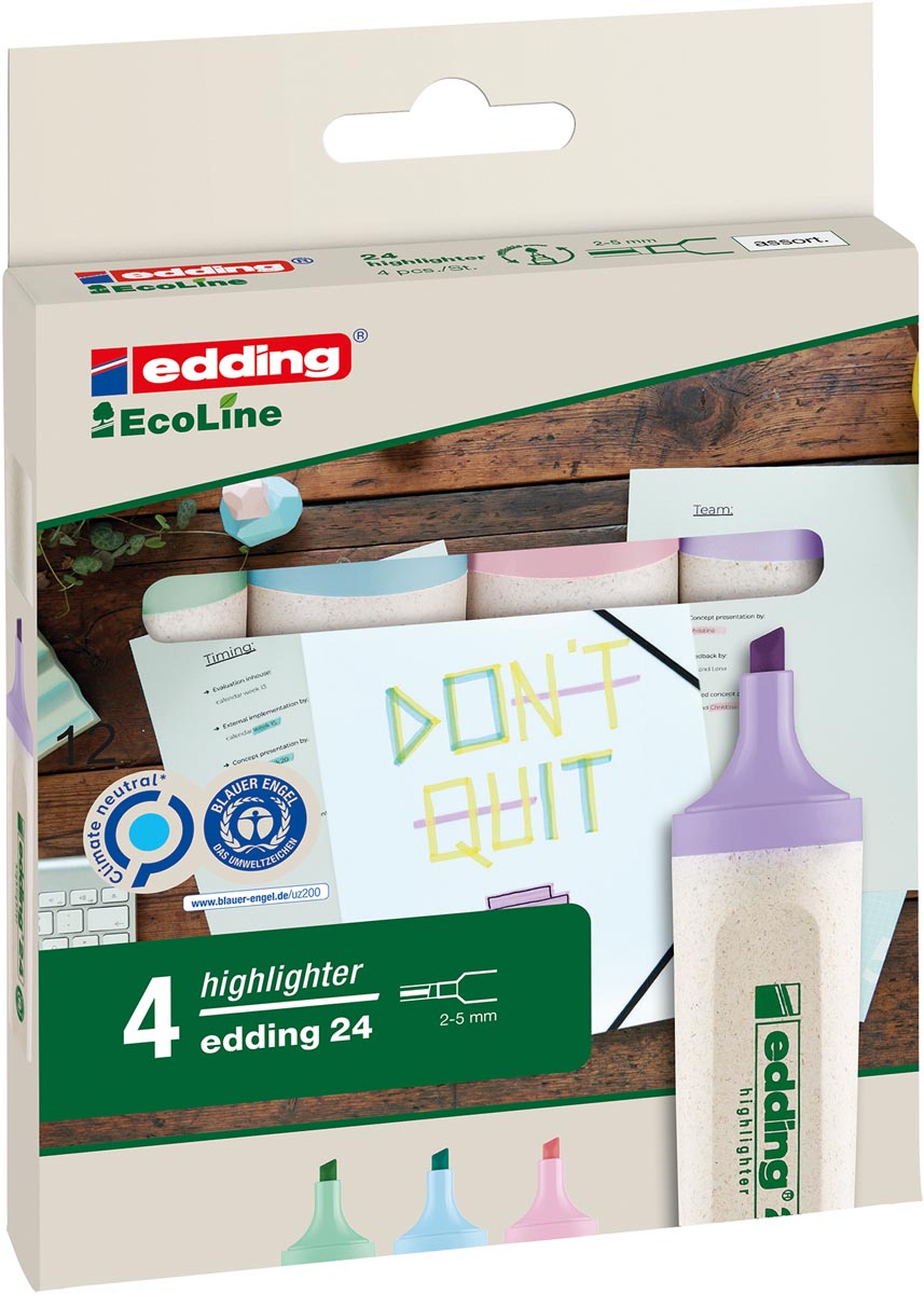 Edding Markeerstift Ecoline e-24 geassorteerde pastel kleuren, etui van 4 stuks Edding Markeerstift Ecoline e-24 geassorteerde pastel kleuren, etui van 4 stuks