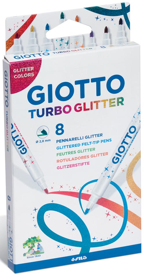 Giotto Turbo Glitter viltstiften, kartonnen etui met 8 stuks in geassorteerde kleuren