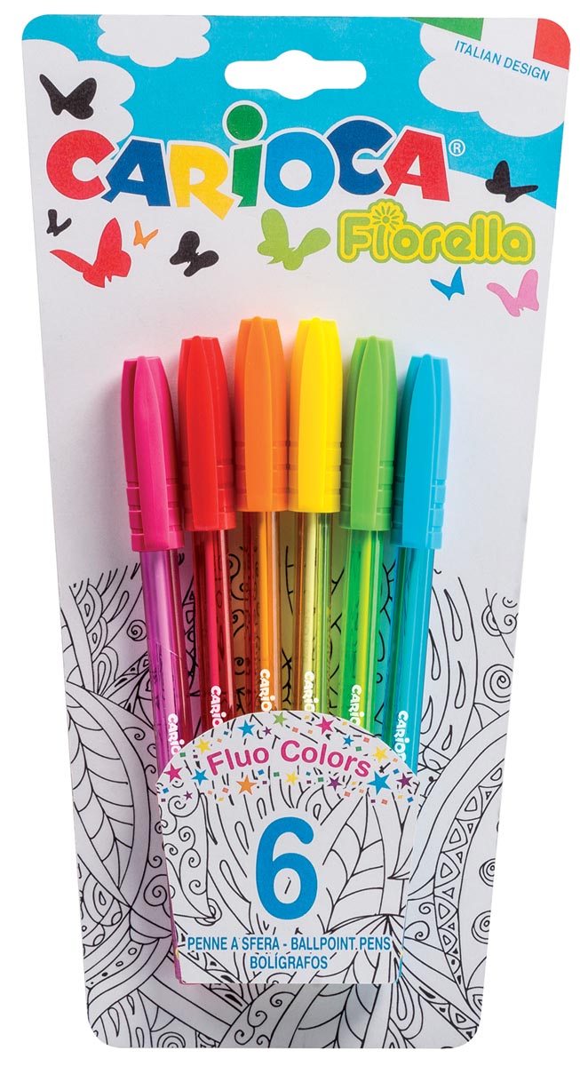 Carioca balpen Fiorella, blister met 6 stuks in geassorteerde kleuren