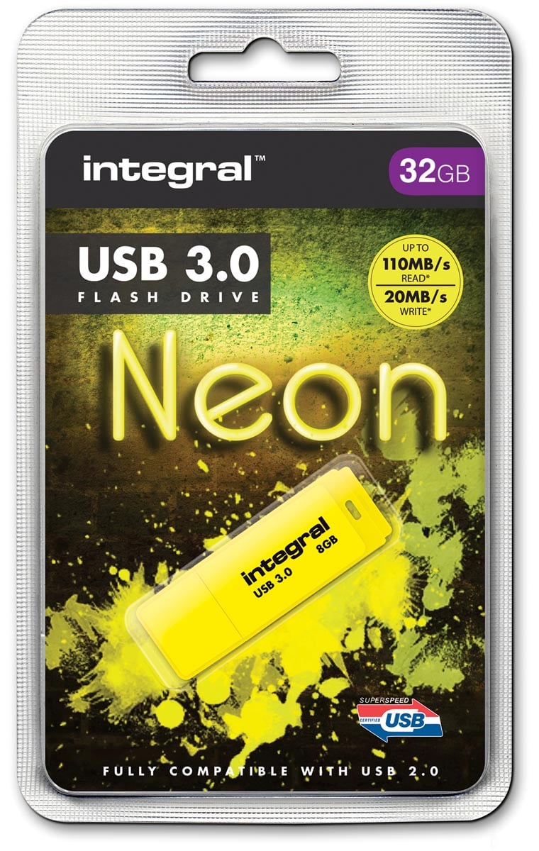Integral Neon USB 3.0 stick, 32 GB, geel afbeelding