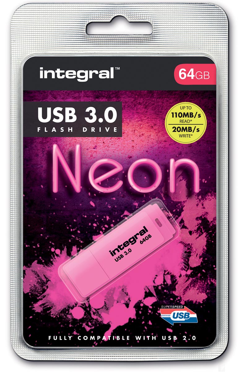 Integral Neon USB 3.0 stick, 64 GB, roze afbeelding