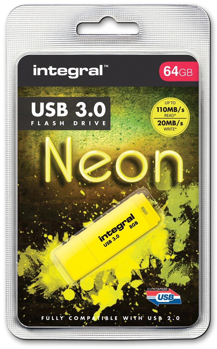 Integral Neon USB 3.0 stick, 64 GB, geel Integral Neon USB 3.0 stick, 64 GB, geel