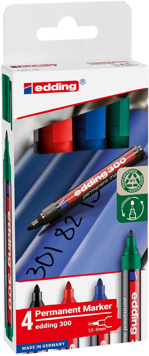 Edding permanent marker 300, geassorteerde kleuren, blister van 4 stuks afbeelding