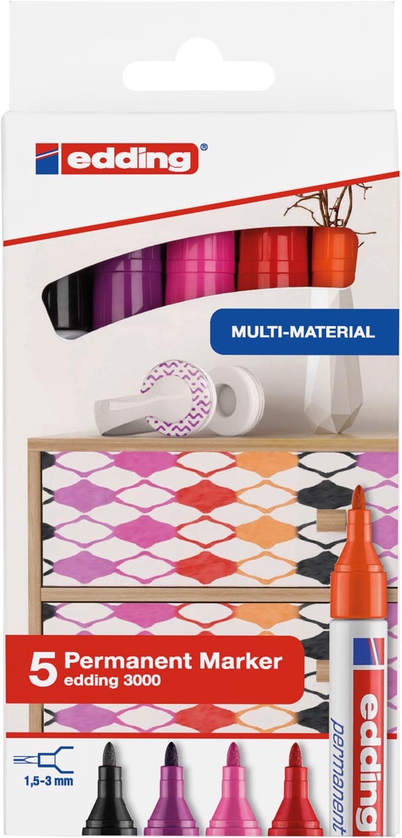 Edding permanent marker 3000, blister van 5 stuks in geassorteerde warme kleuren