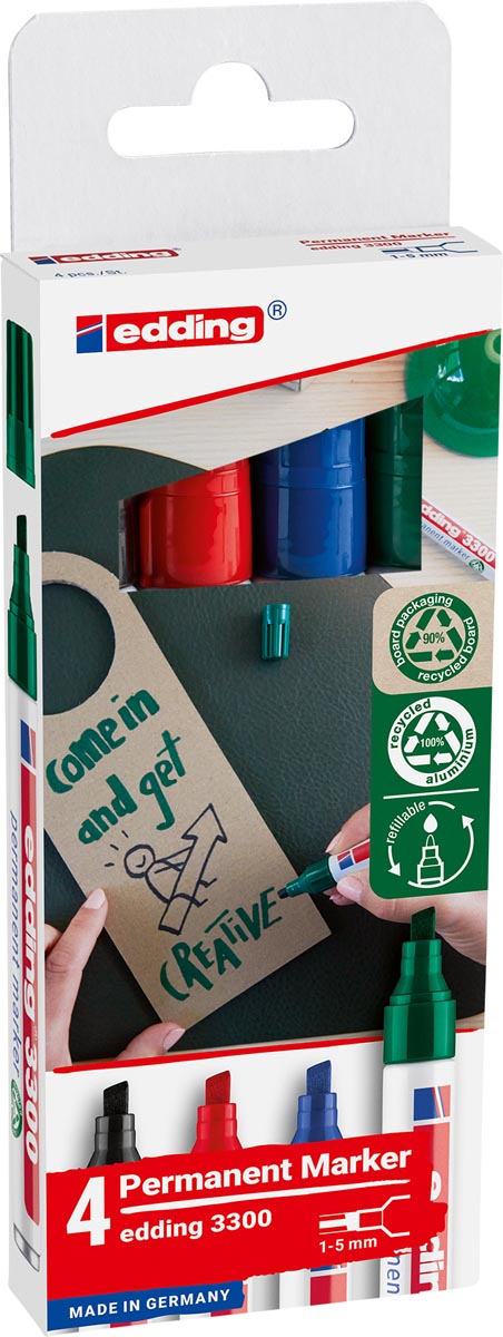 Edding permanent marker E-3300, geassorteerde kleuren, blister van 4 stuks afbeelding
