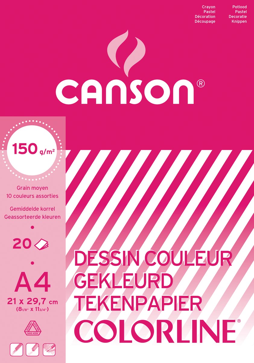 Canson tekenpapier Colorline, 150 g, ft 21 x 29,7 cm, A4, geassorteerde kleuren, blok van 20 vel afbeelding