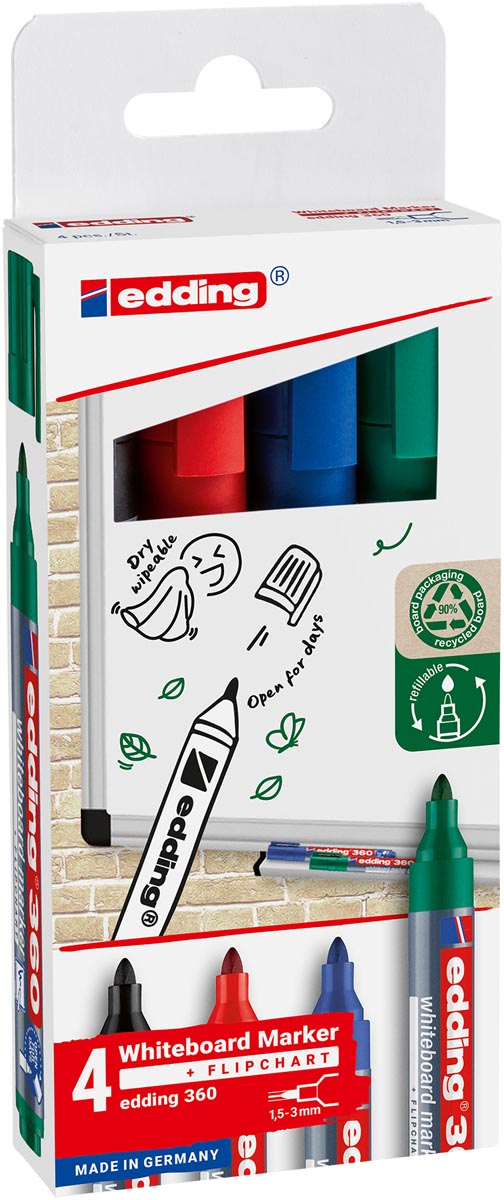 Edding whiteboard marker 360, geassorteerde kleuren, blister van 4 stuks afbeelding