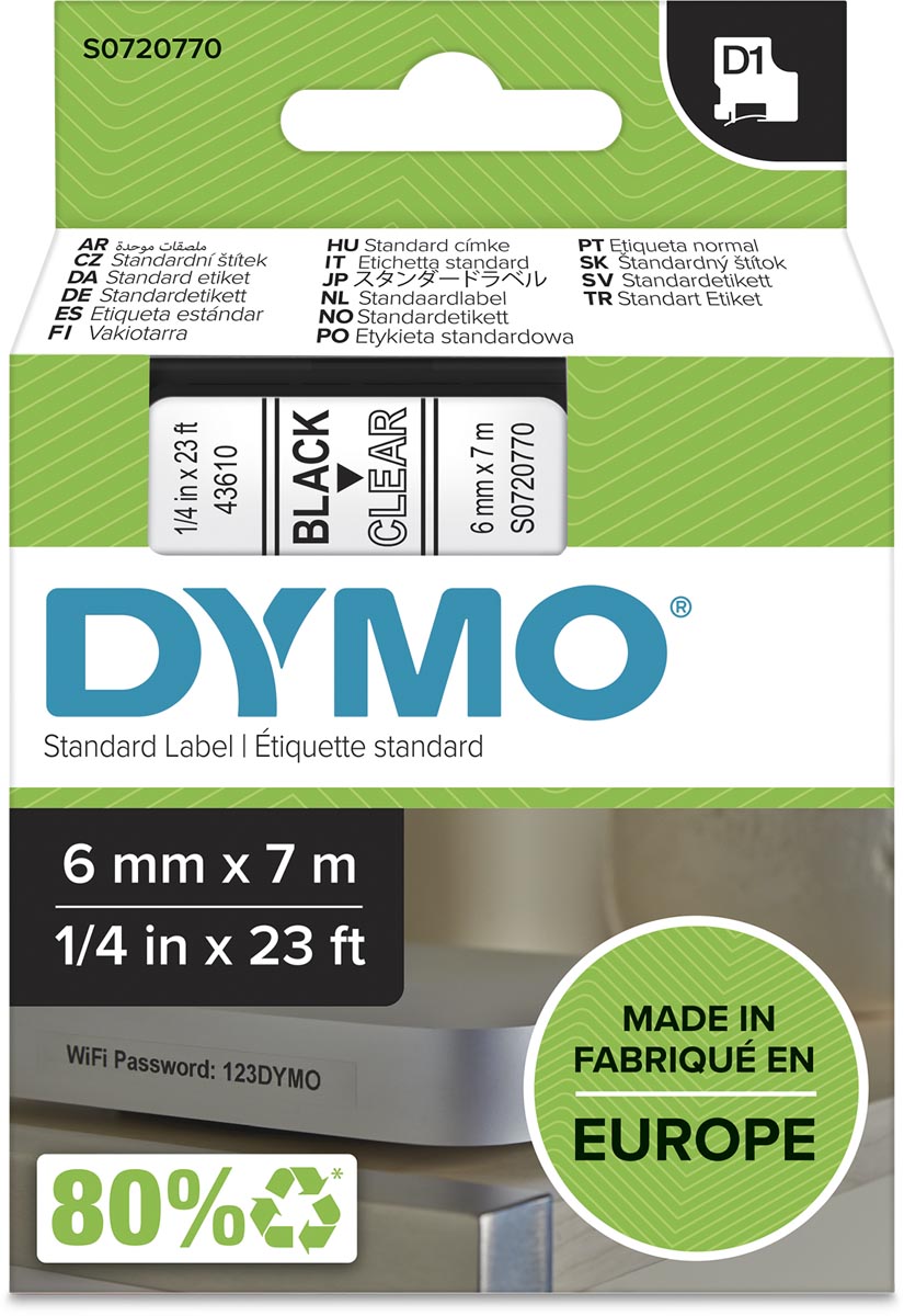 Dymo D1 tape 6 mm, zwart op transparant afbeelding