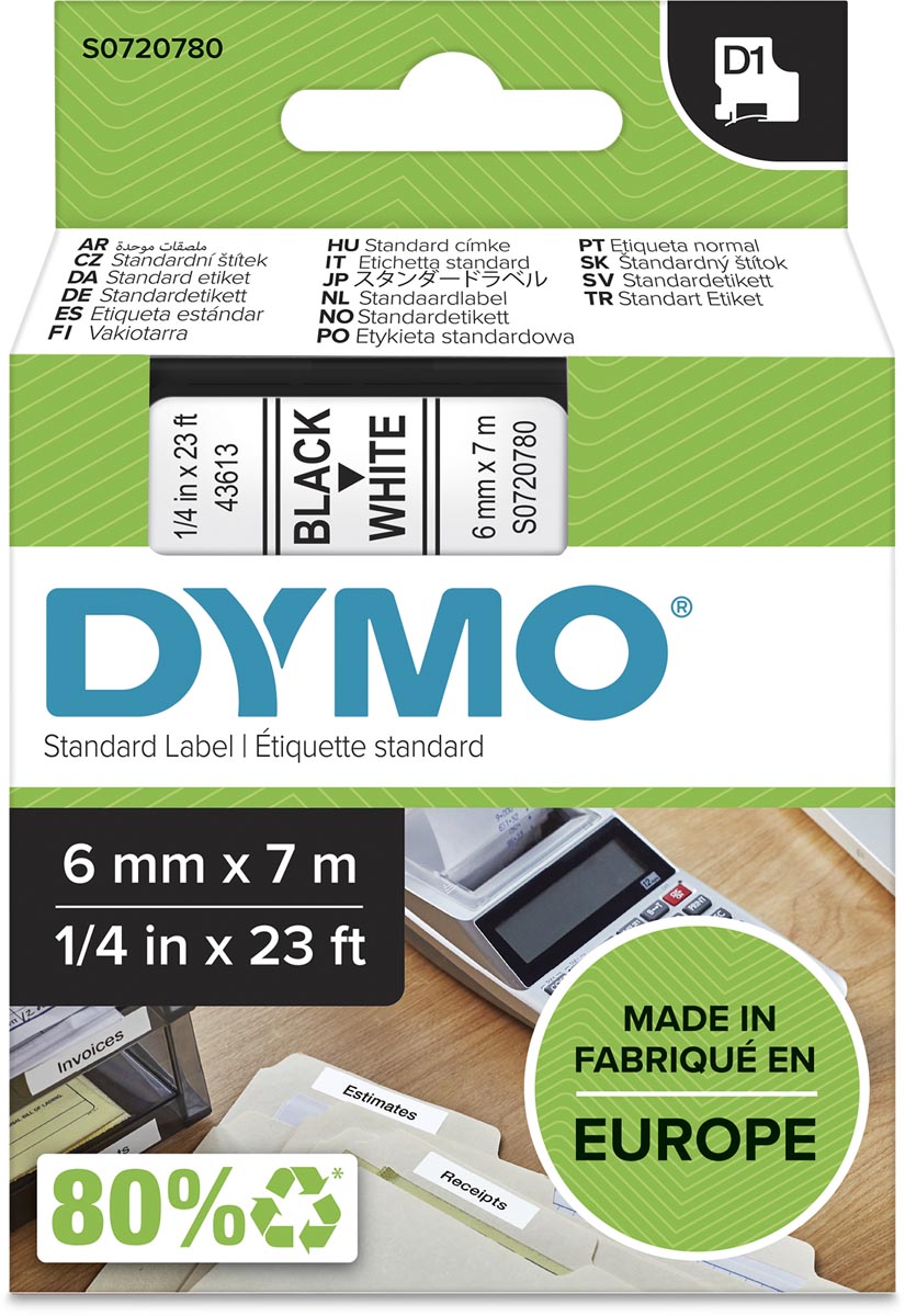Dymo D1 tape 6 mm, zwart op wit afbeelding