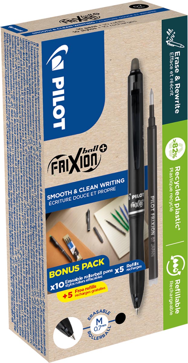 Pilot FriXion Ball Plus roller, medium, zwart, doos van 10 stuks + 10 navullingen