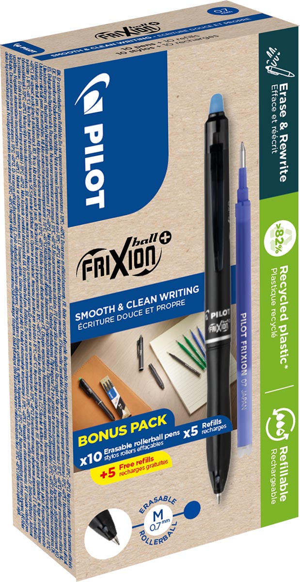 Pilot FriXion Ball Plus roller, medium, blauw, doos van 10 stuks + 10 navullingen afbeelding