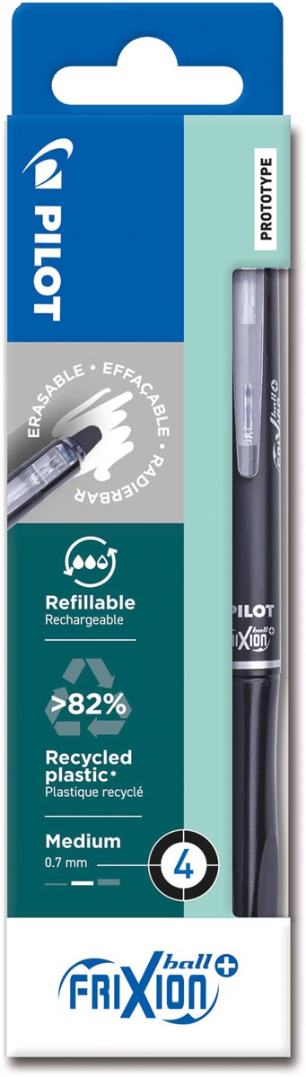 Pilot FriXion Ball Plus roller, medium, zwart, etui van 4 stuks