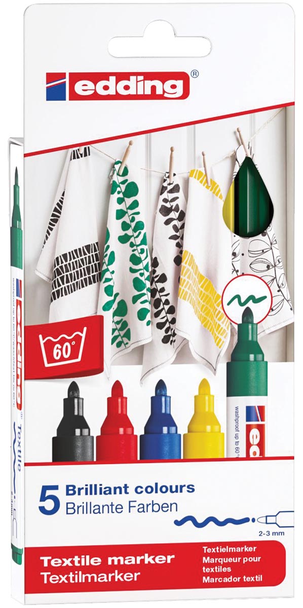 Edding textielstift 4500, set van 5 stuks in geassorteerde basiskleuren afbeelding