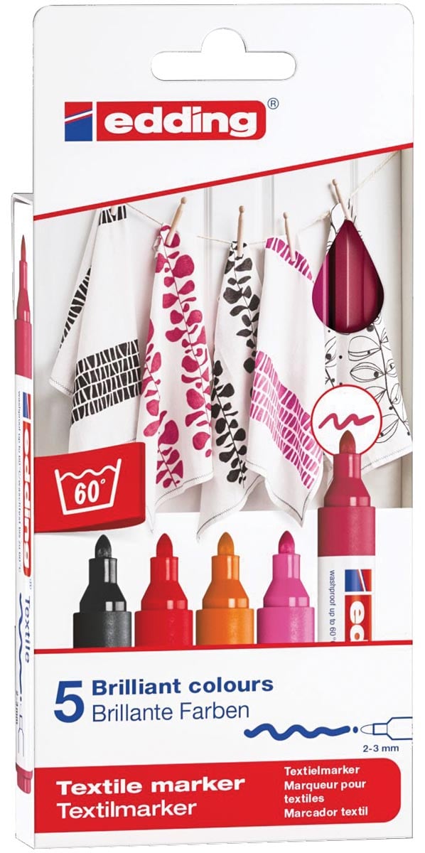 Edding textielstift 4500, set van 5 stuks in geassorteerde warme kleuren