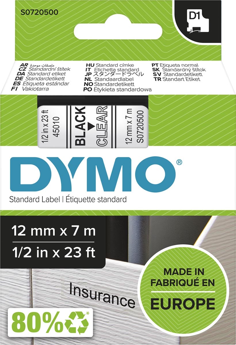 Dymo D1 tape 12 mm, zwart op transparant afbeelding