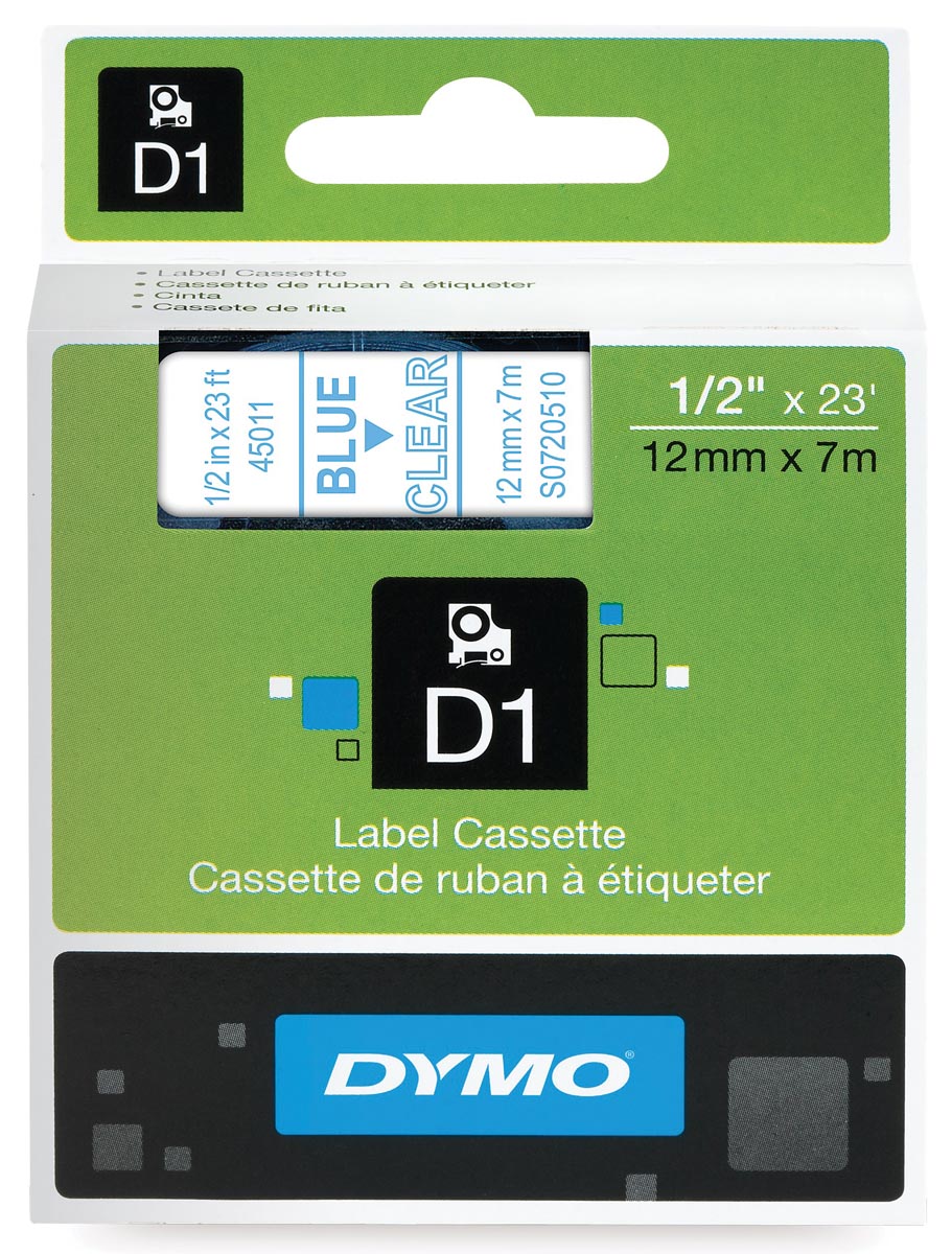 Dymo D1 tape 12 mm, blauw op transparant