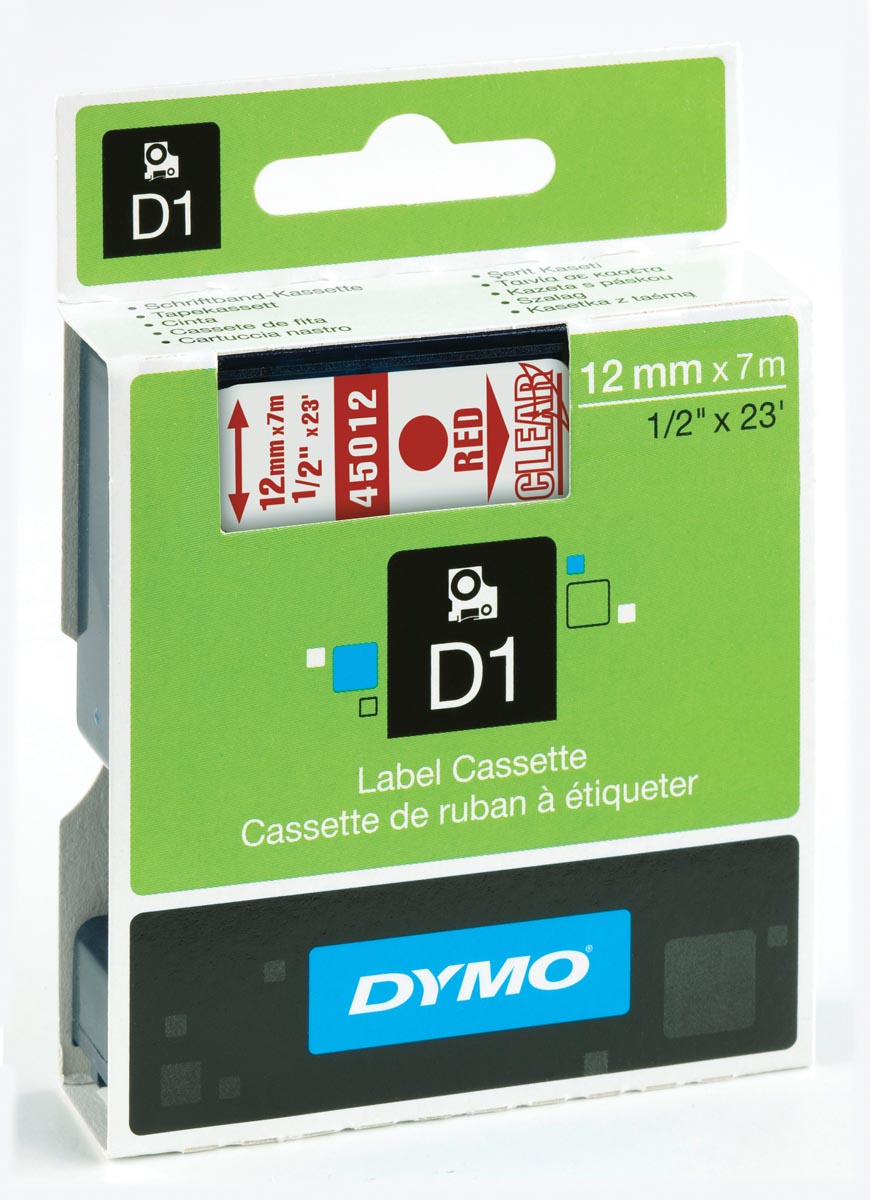 Dymo D1 tape 12 mm, rood op transparant