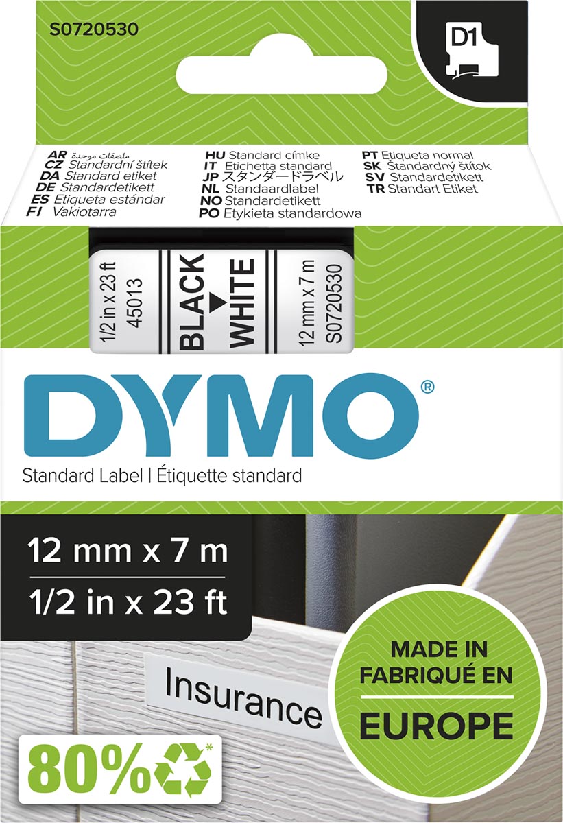 Dymo D1 tape 12 mm, zwart op wit afbeelding