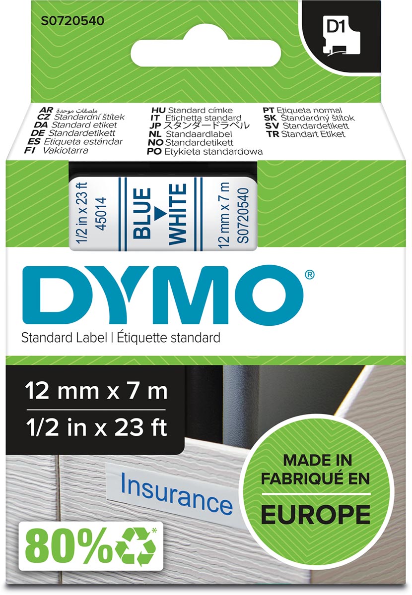 Dymo D1 tape 12 mm, blauw op wit afbeelding