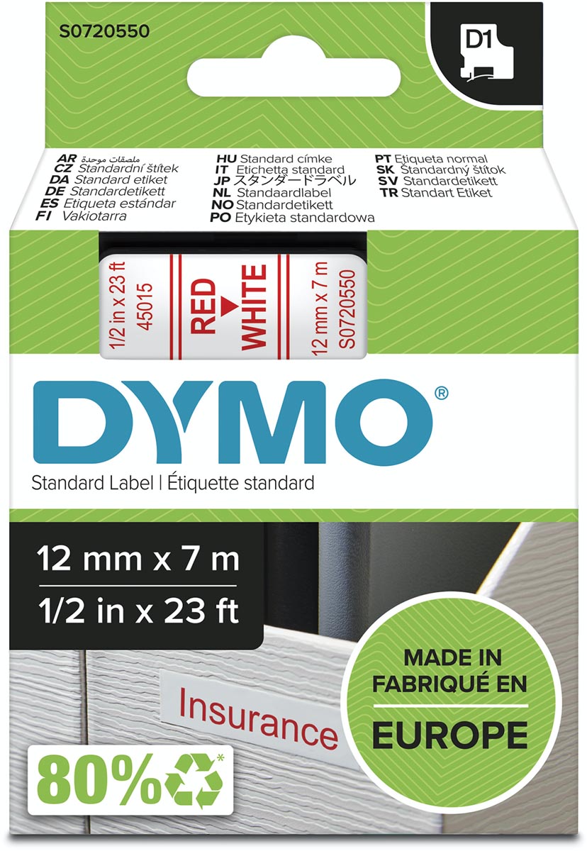 Dymo D1 tape 12 mm, rood op wit afbeelding
