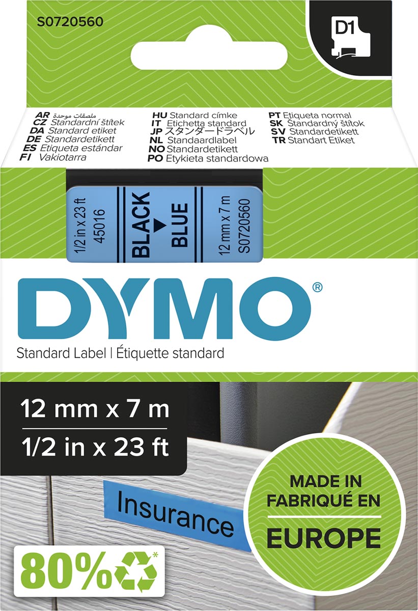 Dymo D1 tape 12 mm, zwart op blauw afbeelding