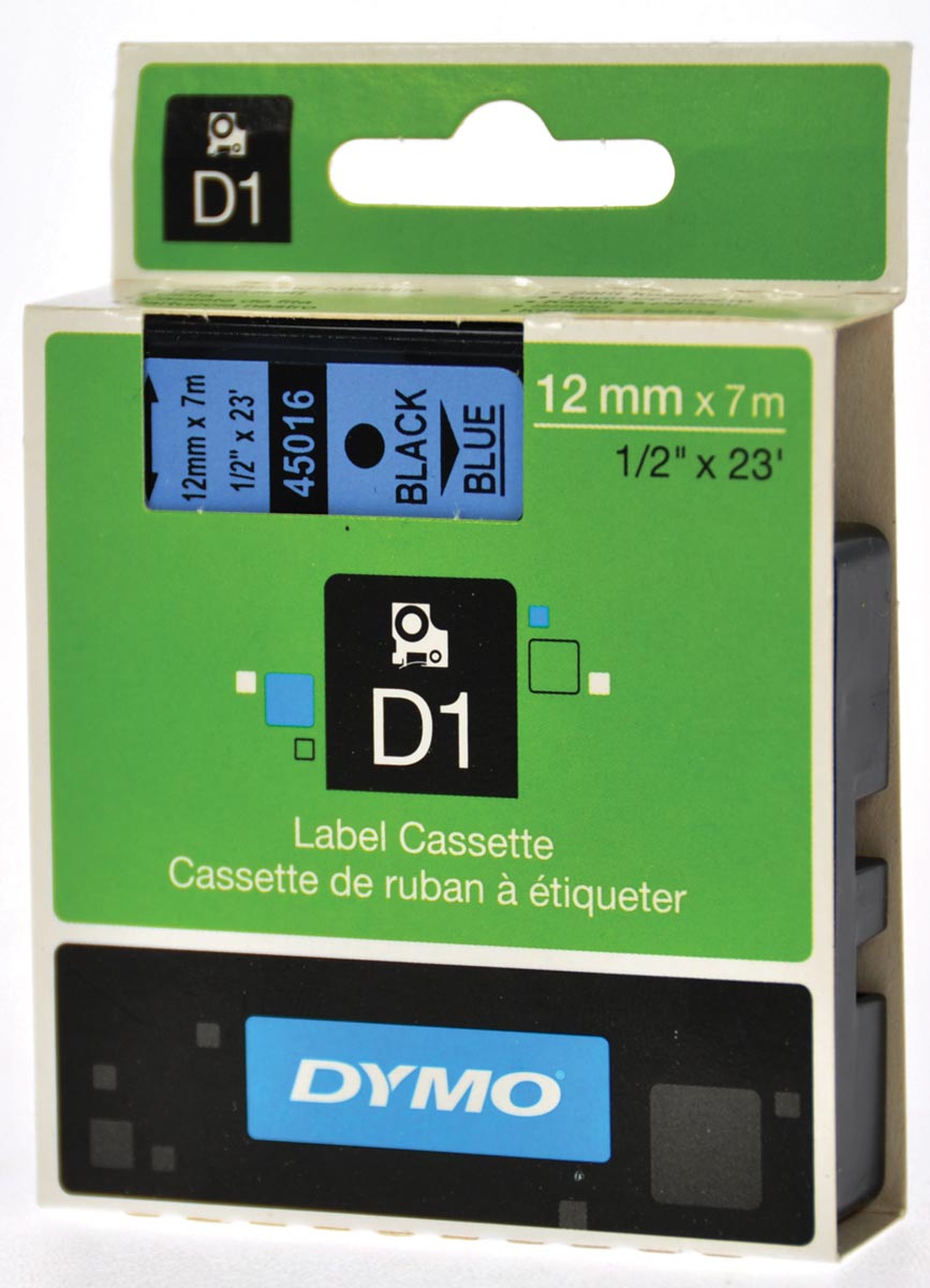 Dymo D1 tape 12 mm, zwart op blauw