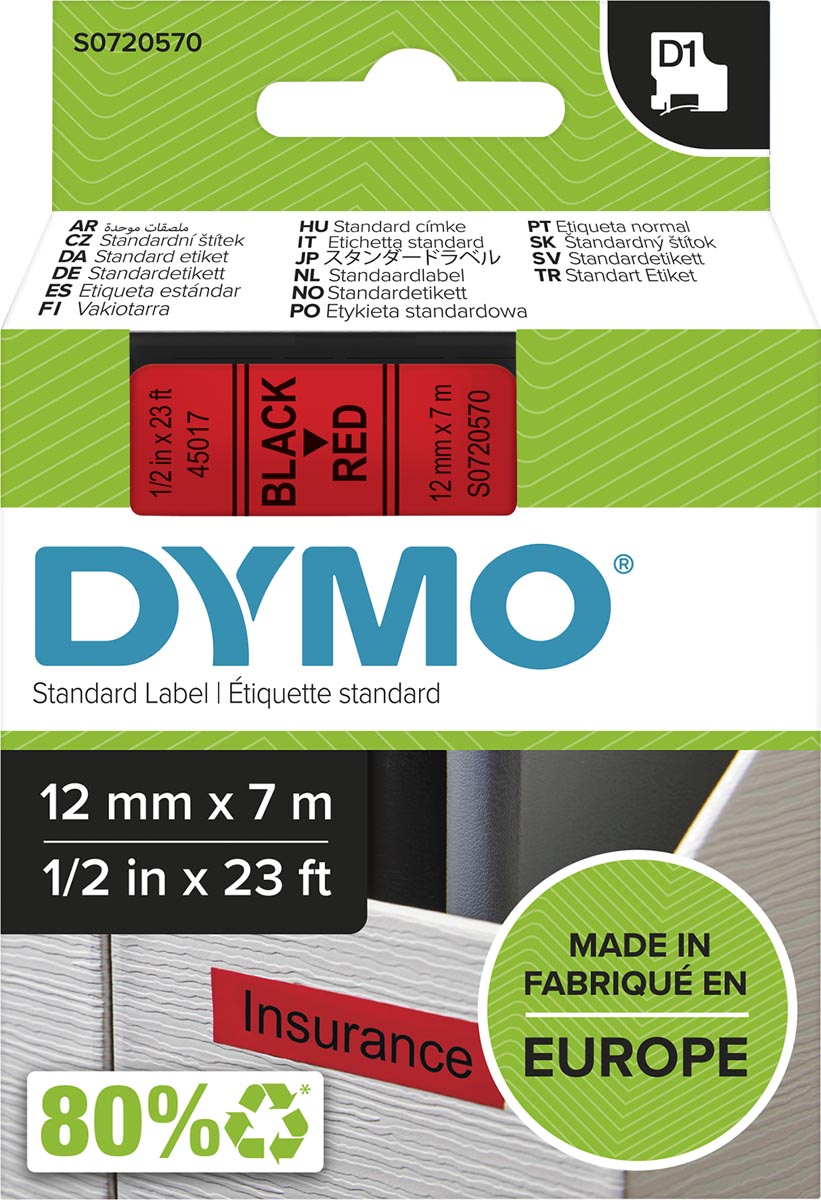Dymo D1 tape 12 mm, zwart op rood afbeelding