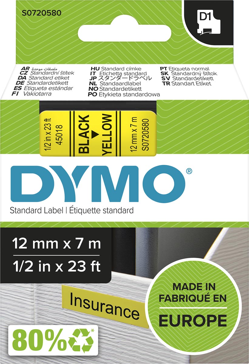 Dymo D1 tape 12 mm, zwart op geel afbeelding