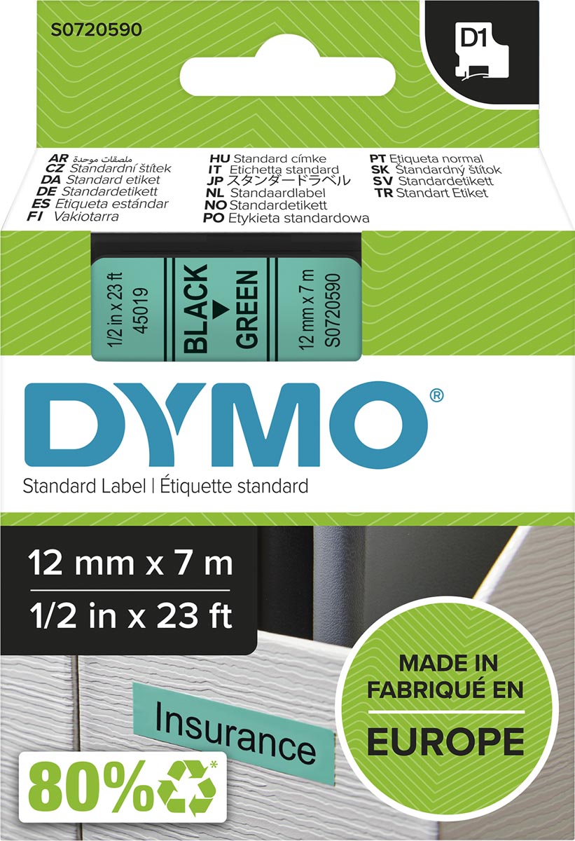 Dymo D1 tape 12 mm, zwart op groen afbeelding