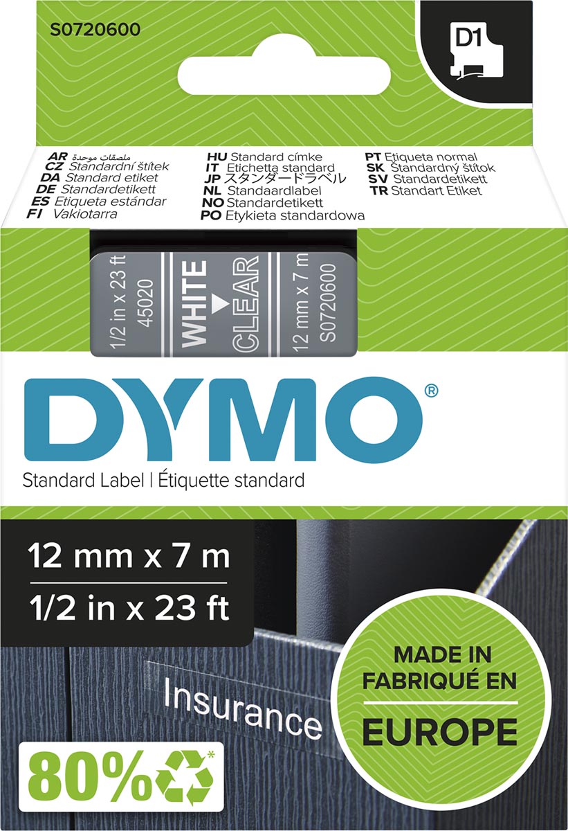 Dymo D1 tape 12 mm, wit op transparant afbeelding
