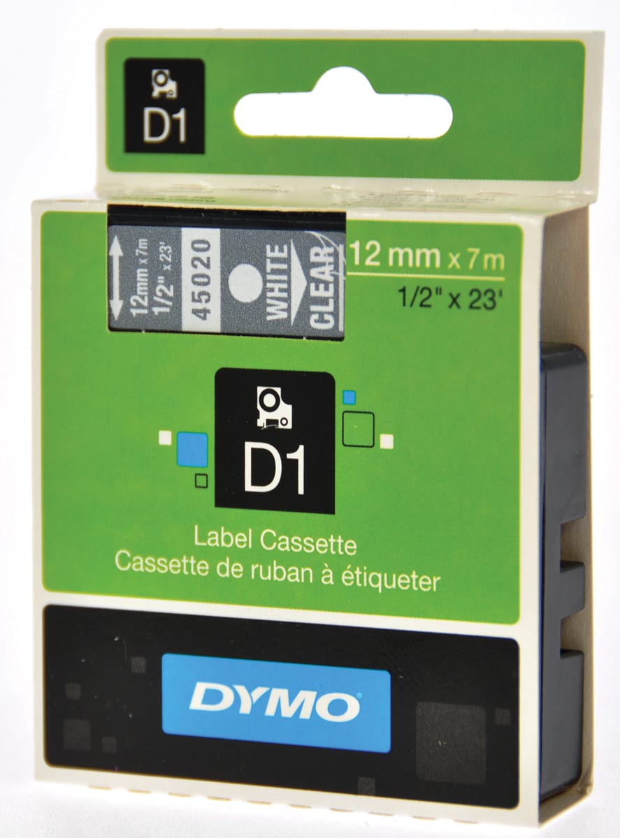 Dymo D1 tape 12 mm, wit op transparant