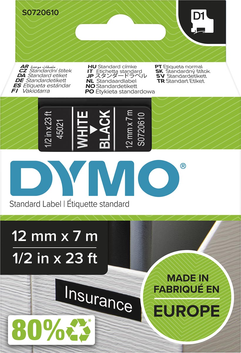Dymo D1 tape 12 mm, wit op zwart afbeelding