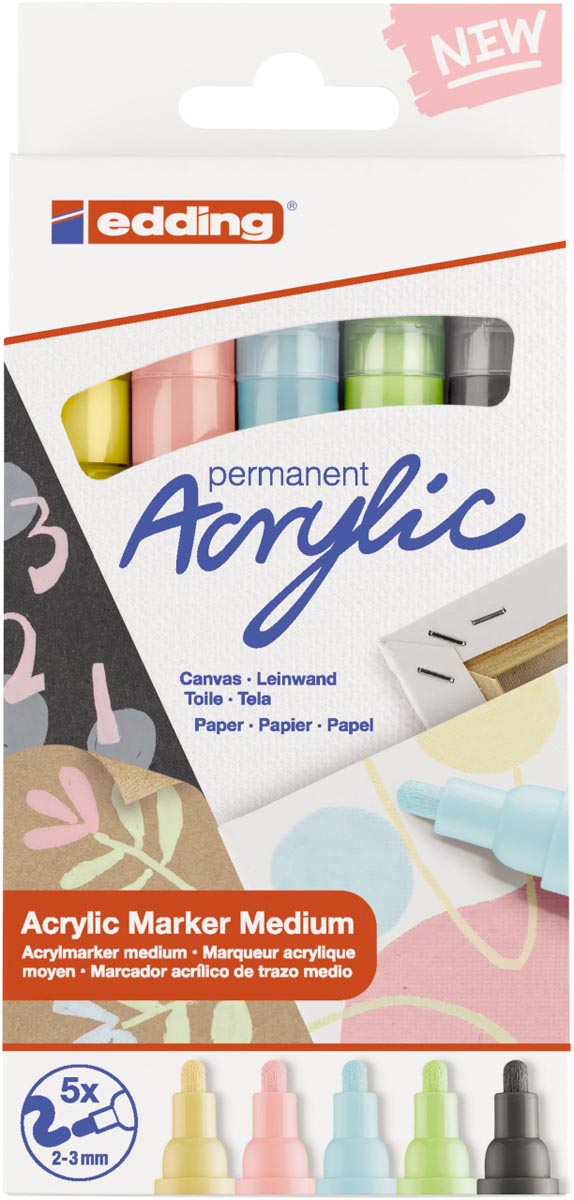 Edding Acrylic marker medium, assortiment set van 5 stuks, pastel