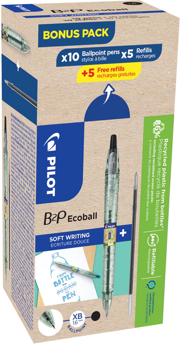 Pilot Ecoball B2P BeGreen balpen, large, zwart, doos van 10 stuks + 10 navullingen afbeelding