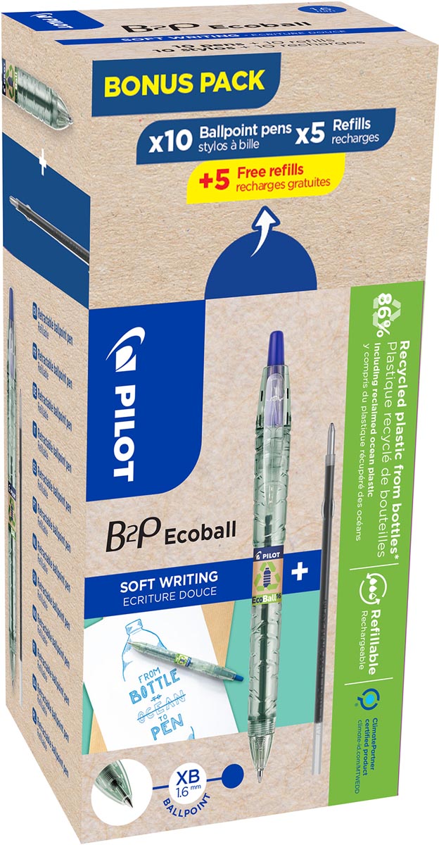 Pilot Ecoball B2P BeGreen balpen, large, blauw, doos van 10 stuks + 10 navullingen afbeelding