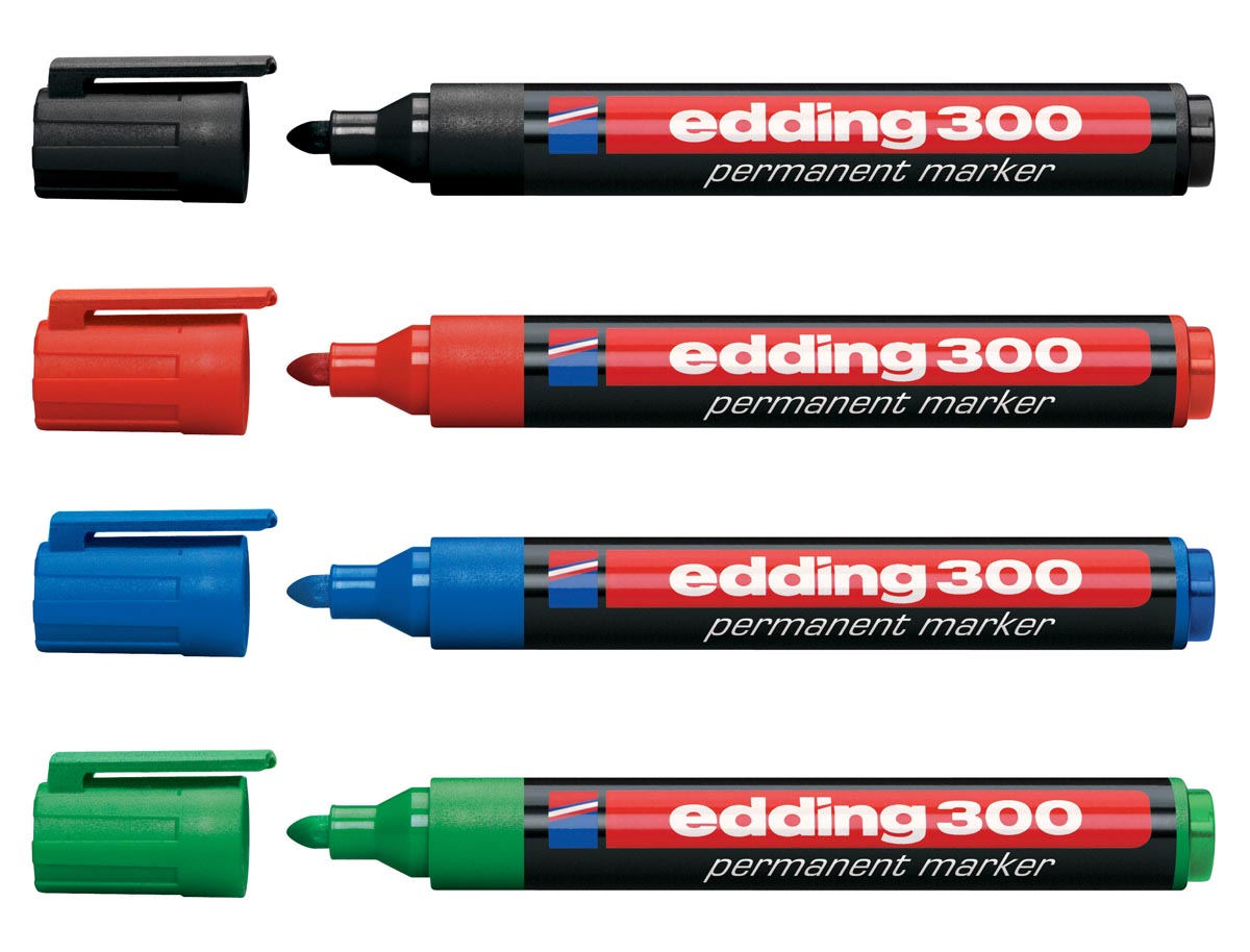 edding permanent marker 300, blister met 4 stuks in geassorteerde kleuren afbeelding