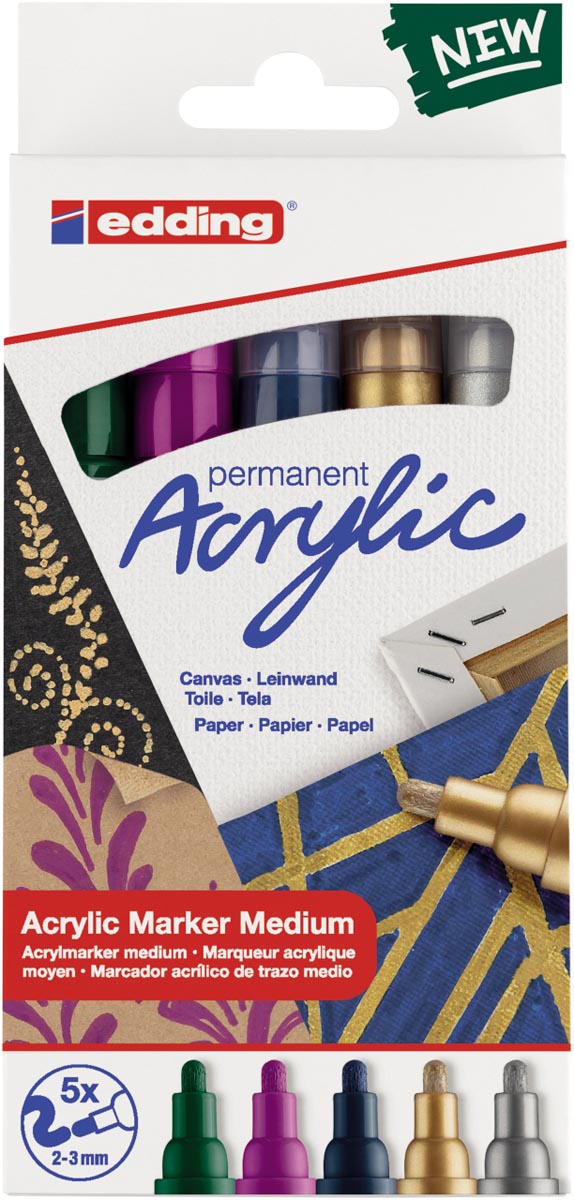 Edding Acrylic marker medium, assortiment set van 5 stuks, metallic