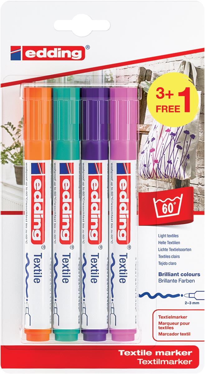 Edding textielmarker 4500, set van 4 stuks in geassorteerde trendy kleuren (3 + 1 gratis)