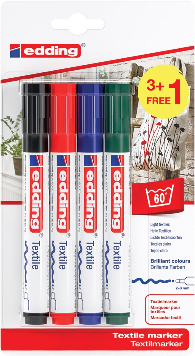 Edding textielmarker 4500, set van 4 stuks in geassorteerde basiskleuren (3 + 1 gratis)